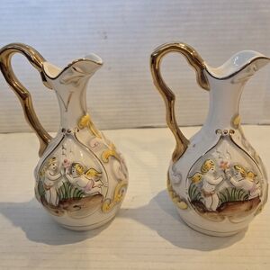 2 Victorian Style Oil Vinegar Cruet Set Cherub Angel Scenes  Decor Collectiblw